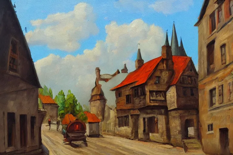 Prompt: middle ages town, oil painting, oil in canvas, brushstrokes