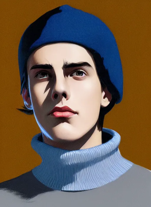 Image similar to portrait of teenage jughead jones wearing a light grey crown, crown, blue turtleneck, 1 9 5 0 s, closed eyes, photorealistic, black hair, glowing lighting, intricate, elegant, glowing lights, highly detailed, digital painting, artstation, concept art, smooth, sharp focus, illustration, art by wlop, mars ravelo and greg rutkowski