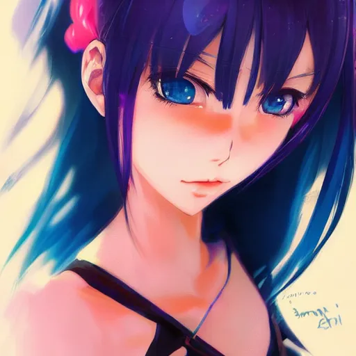Image similar to anime portrait of a girl, bikini, short pink hair, azure blue eyes, full body, cute, detailed, by Stanley Artgerm Lau, WLOP, Rossdraws, James Jean, Andrei Riabovitchev, Marc Simonetti, and Sakimichan, trending on artstation