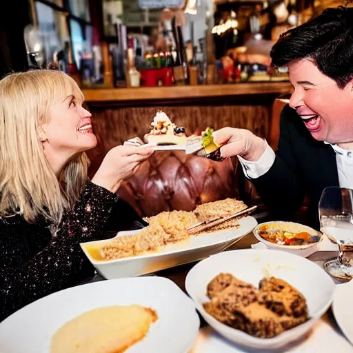 Image similar to portait of michael mcintyre and middle aged blonde woman with short hair and a blonde woman with long hair having dessert at sunday in brooklyn restaurant