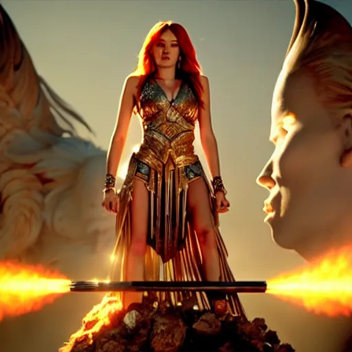 Prompt: cinematic scene with bella thorne on a majestic throne as the goddess of war, dramatic, small details, volumetric lighting, still frame