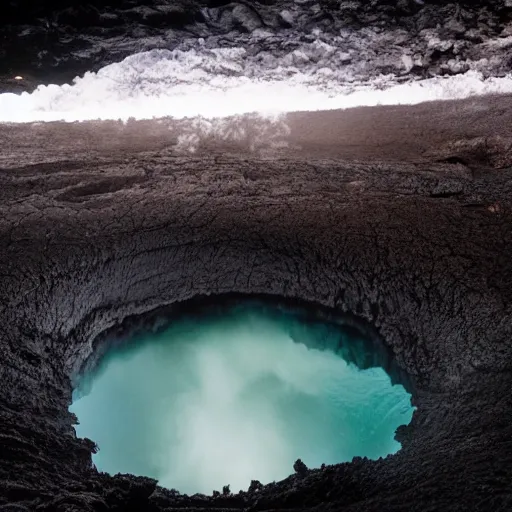 Image similar to head of walter whitr emerges from a lava lake, cave background, high detail, lava reflections, cave reflecting in the lava lake, dramatic shot