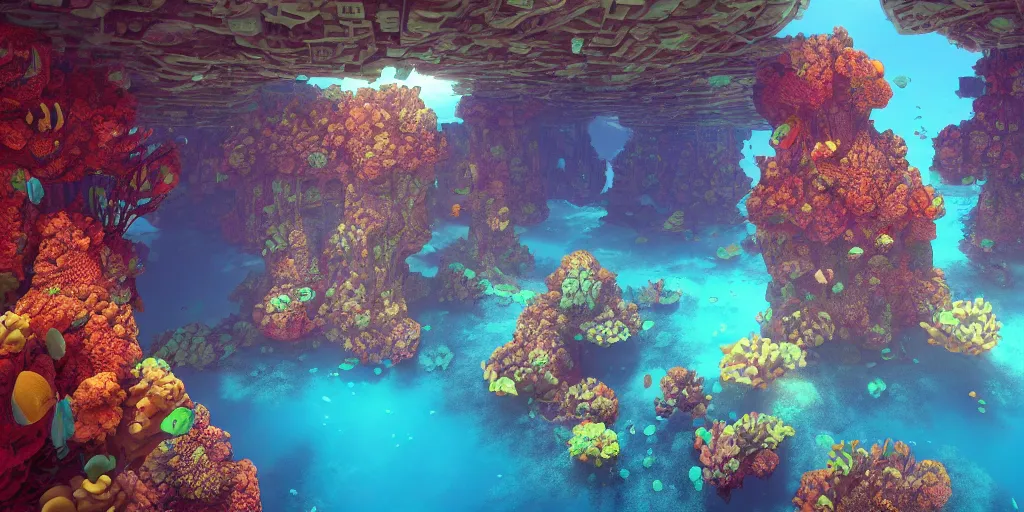 Prompt: a beautiful first person perspective digital illustration of a domed underwater city on a vibrant coral reef by beeple | Byzantine architecture | cinematic | unreal engine | octane | photorealistic |