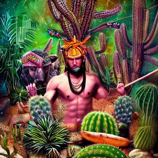 Image similar to spartan in jungle surrounded by cacti, shaman offering peyote, camp fire, full moon with stars, psychedelic surrealism in hyper realistic photo