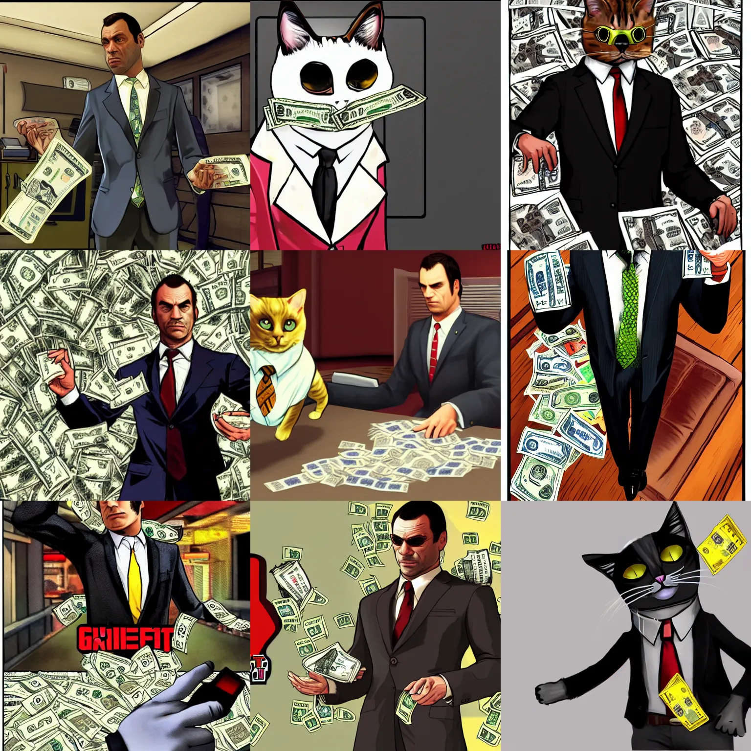 Prompt: cat wearing a suit holding money in gta v, art by stephen bliss, grand theft auto style, loading screen