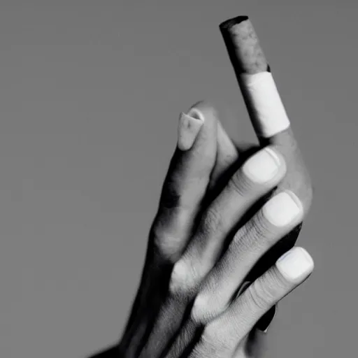Prompt: a normal female hand with five fingers and ring hold joint, a cigarette between the middle and index fingers, a cigarette, smoke