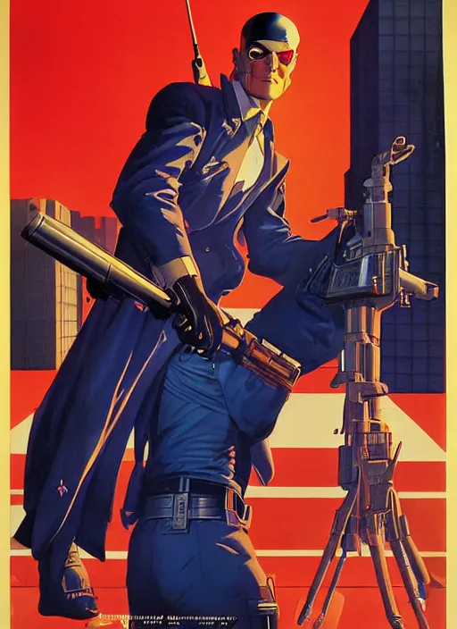 Image similar to american propaganda poster. cyberpunk hitman. portrait by jean giraud and anton otto fischer and john philip falter and will eisner and gil elvgren. realistic proportions. character art. science fiction d & d. tf 2, overwatch.