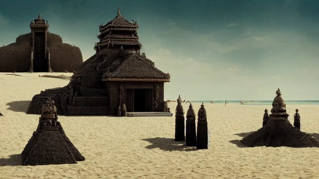 Image similar to the strange temple on the beach, they walk inside, film still from the movie directed by denis villeneuve and david cronenberg with art direction by salvador dali, wide lens