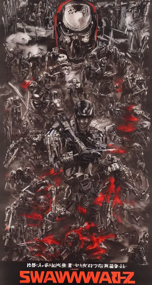 Prompt: Movie Poster For Schwartzlicht,about Chinese Russian Zombie Troopers Designed By Yasushi Nirasawa battle Japanese America Cyborgs Designed by Syd Mead and Giger, 1970s style, very detailed, text says: Schwarzlicht