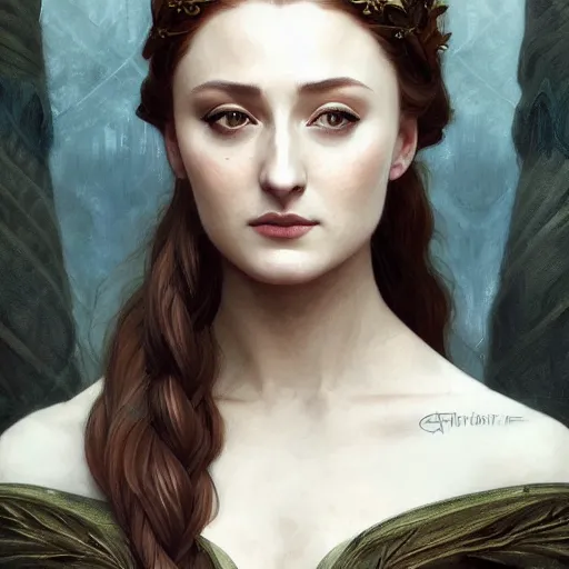 Prompt: portrait of sansa stark dark queen, intricate, elegant, highly detailed, digital painting, artstation, concept art, smooth, sharp focus, illustration, art by artgerm and greg rutkowski and alphonse mucha and william - adolphe bouguereau