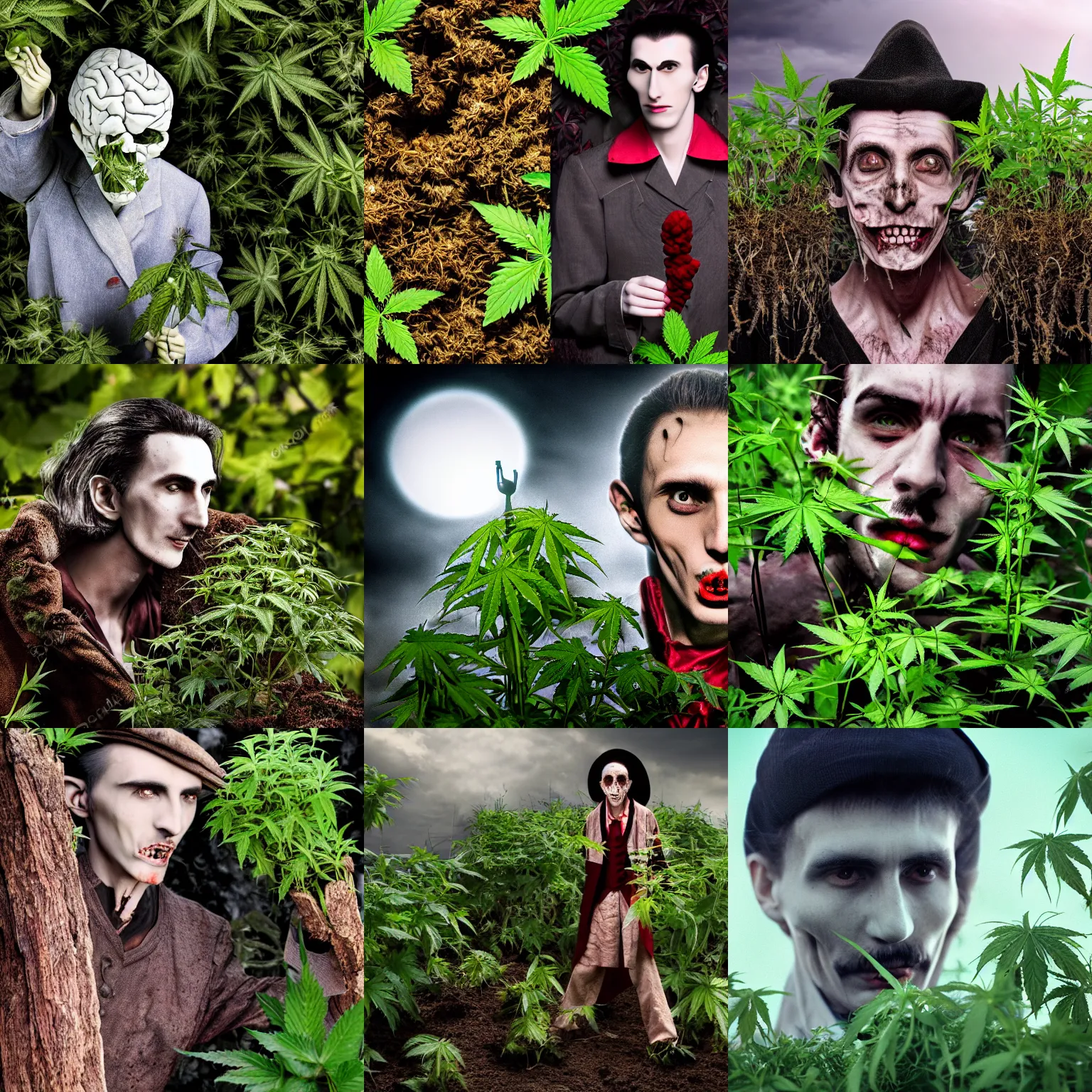 Prompt: scrawny Dracula growing brains in his weed garden, high resolution photography, against the day