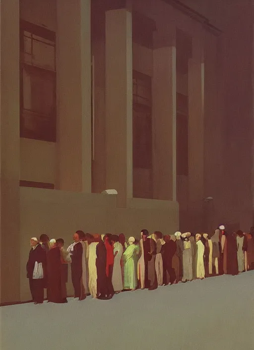 Image similar to crowd in line at art deco hospital painting by Edward Hopper and James Gilleard, Zdzislaw Beksinski highly detailed