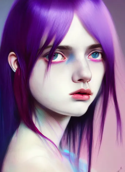 Image similar to hair whitebangs hair, black hair, whitebangs, portrait of teenage girl with white bangs, red irises, purple clothes, white bangs, bangs are different color from hair, intricate, elegant, glowing lights, highly detailed, digital painting, artstation, concept art, smooth, sharp focus, illustration, art by wlop, mars ravelo and greg rutkowski