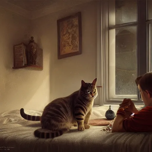 Prompt: a cat meowing at his parents while sitting on the bed digital painting, artstation, concept art, soft light, hdri, smooth, sharp focus, illustration, fantasy, intricate, elegant, highly detailed, D&D, matte painting, in the style of Greg Rutkowski and Alphonse Mucha and artemisia, 8k, highly detailed, jurgens, rutkowski, bouguereau, pastoral, rustic, georgic