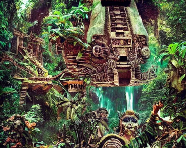 Image similar to mayan jaguar punk exploring an alien garden las pozas, 1 9 7 0's sci - fi, lofi technology, deep aesthetic colors, 8 k, highly ornate intricate details, extreme detail, cut out collage, william s burroughs