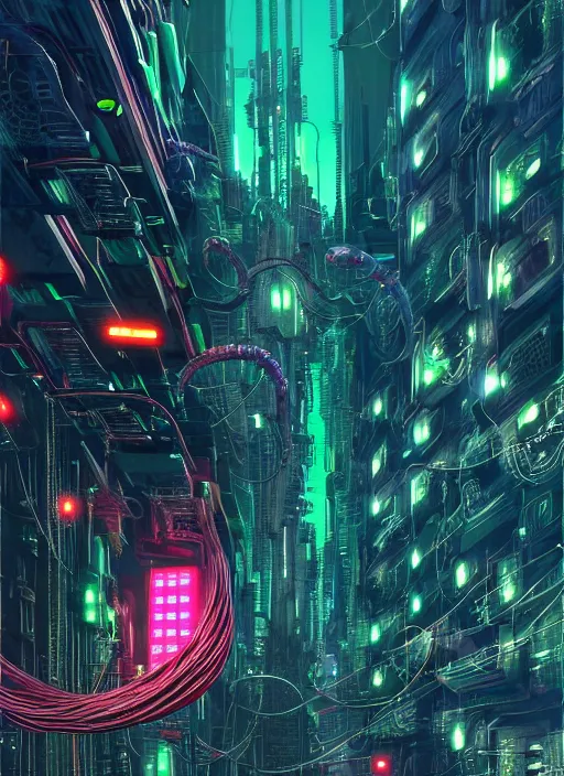 Image similar to cats cyborg inside an scifi tentacles wires futuristic city, beautiful neon cats, cinematic, highly detailed, photorealistic, rich bright colors, trending on artstation, giger, tsutomu nihei, trending on cgsociety, awe inspiring bruce pennington cityscape, digital art painting of 1 9 6 0 s