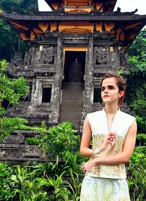Prompt: emma watson, wearing kebaya bali, in bali. temple background. front view. instagram, holiday photo shoot,