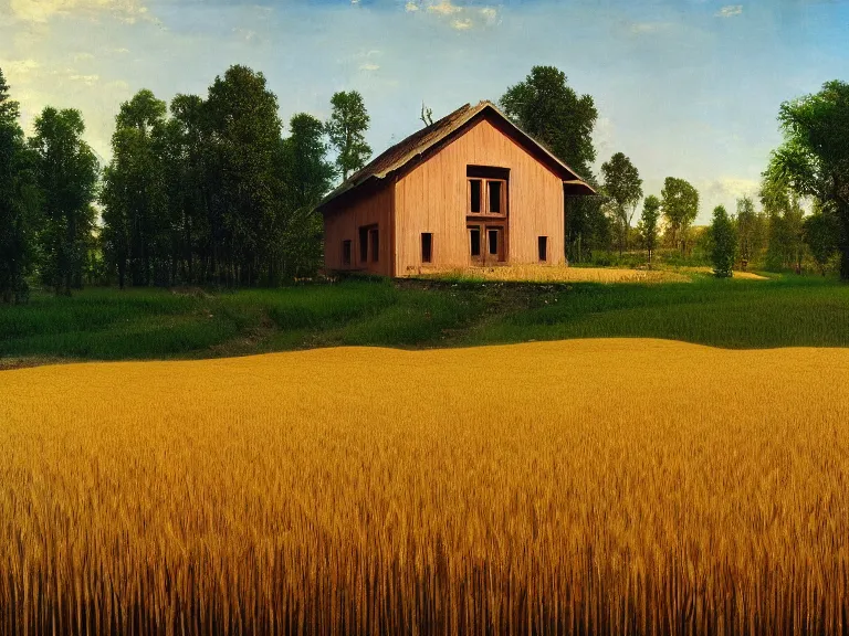 Image similar to hyperrealism photography of beautiful detailed eco house around the forest in small ukrainian village by taras shevchenko and wes anderson and caravaggio, wheat field behind the house