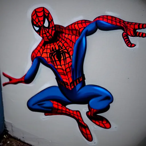 Prompt: graffiti art of spiderman wearing a latex mask of a pitbull dog