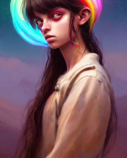 Prompt: fantasy rainbow portrait of sonia ben ammar, caramel. rugged, highly detailed, intricate background, complex 3 d render by ilya kuvshinov, peter mohrbacher, greg rutkowski, simon stalenhag, thomas kinkade, victo ngai. unreal engine, blender, octane, ray tracing. sharp focus, masterpiece, post processing, deviantart