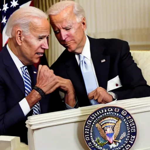 Prompt: joe Biden snorting white powder out of Obamas hand. Associated press photography 2016