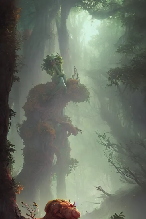 Prompt: a beautiful hyperrealistic painting of a forest troll by peter mohrbacher, gigantic, octane render, brilliantly coloured, intricate, ultra wide angle, trending on artstation, dusk, volumetric lighting, polished, micro details, ray tracing, 8k