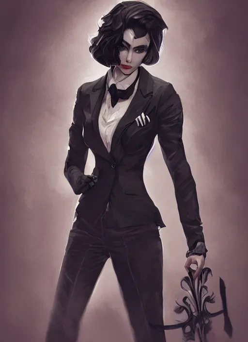 Image similar to a highly detailed illustration of beautiful short black messy haired woman wearing eyepatch and noir style suit and tie, dramatic smiling pose, intricate, elegant, highly detailed, centered, digital painting, artstation, concept art, smooth, sharp focus, league of legends concept art, WLOP