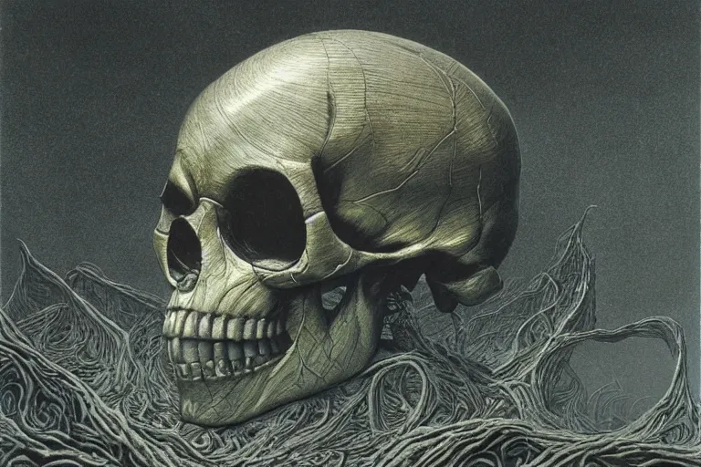 Image similar to intricate, smooth, large metallic skull atop coil of thick pipes, inside a dark room, style by caspar david friedrich and wayne barlowe and ted nasmith.