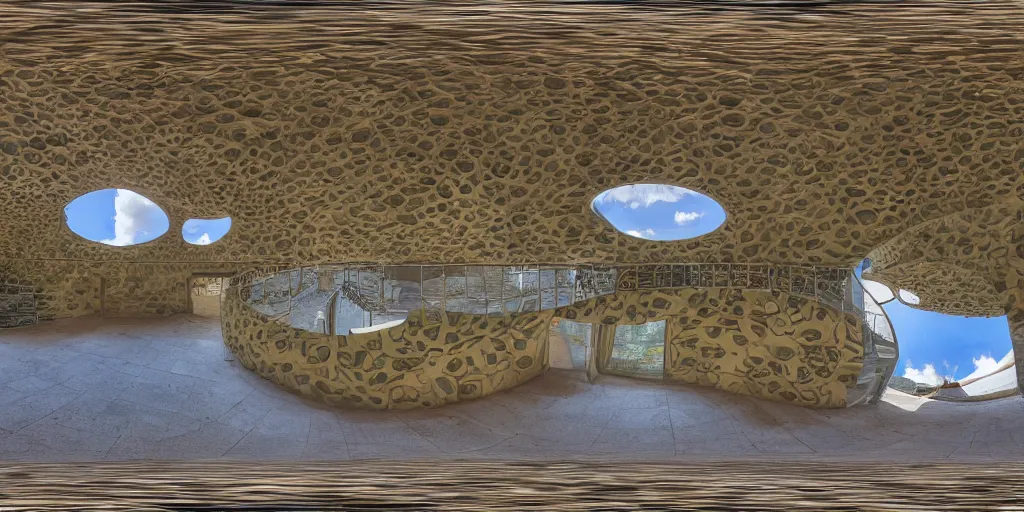 Prompt: seamless equirectangular projection of a 3 6 0 view inside a building made by gaudi