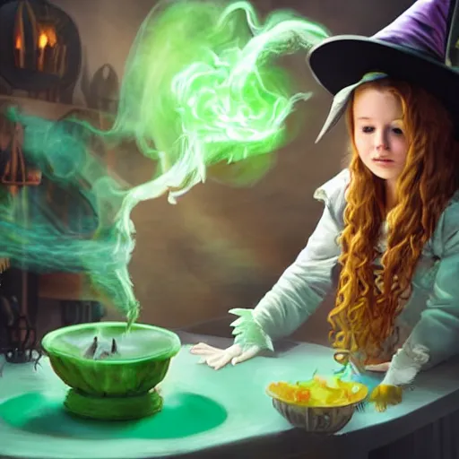 Prompt: teen witch mixing a spell in a cauldron, an owl is standing on the table, a cat is on the table, wispy smoke fills the air, a witch hat, cinematic, green glowing smoke is coming out of the cauldron, ingredients on the table, unorganized apothecary shelves in the background, kids halloween costume