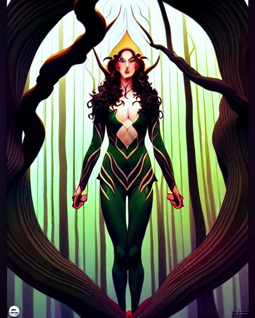 Prompt: artgerm, joshua middleton comic cover art, full body pretty female elven wood elf, symmetrical eyes, symmetrical face, long curly black hair, beautiful forest, rim lighting