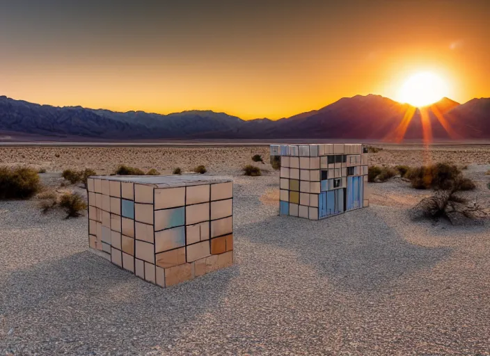 Image similar to a house made out of tetris blocks in death valley, sunflare, windy, dusty, rust, cinema, epic, michael bay style, artistic, colorful