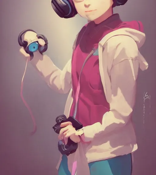 Image similar to beautiful little girl character inspired by 9 0's fashion and by madeline from celeste, art by rossdraws, wlop, ilya kuvshinov, artgem lau, sakimichan and makoto shinkai, concept art, headphones, anatomically correct, extremely coherent, realistic, hd