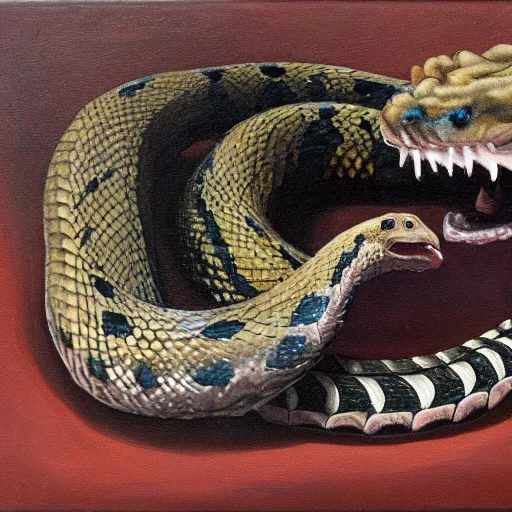 Prompt: a rattlesnake devours a world turned upside down, oil painting