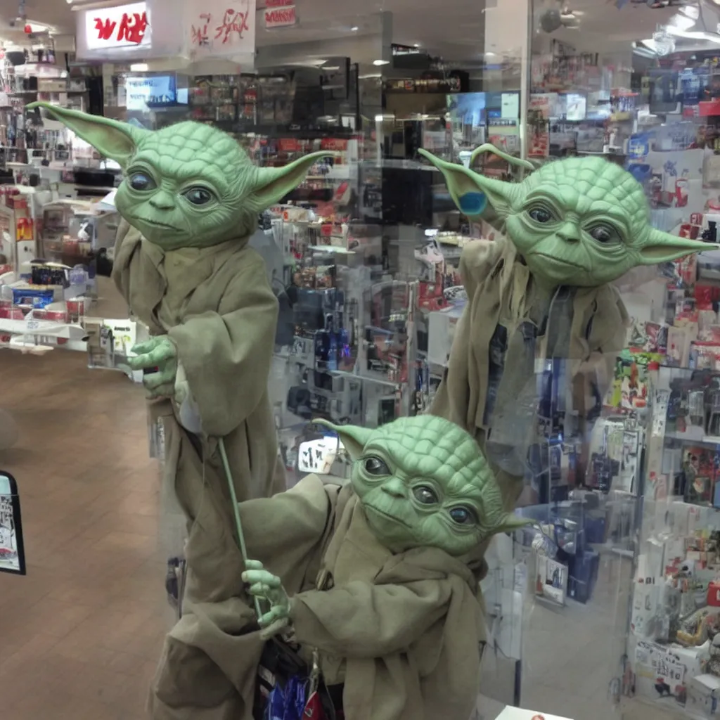 Image similar to CCTV Yoda robbing a store