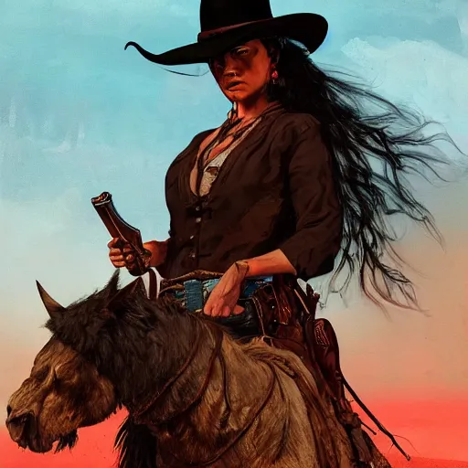 Image similar to portrait of a wild west woman, angry, fantasy art, red dead redemption, django, fistful of dollars, town background, weird west, deadlands, dramatic lighting, digital art, 8 k, extremely detailed, drawn by ruan jia,