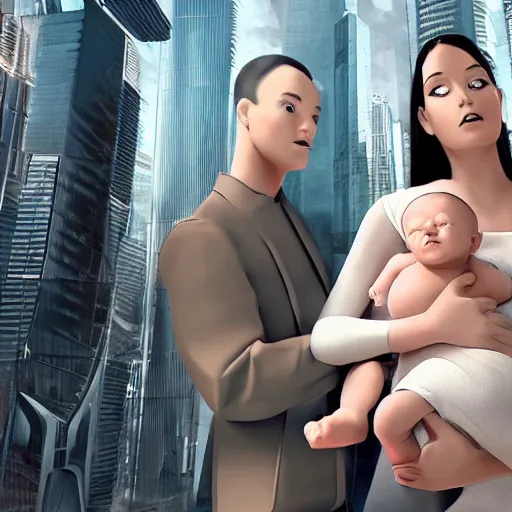 Image similar to two androids holding a human baby in a futuristic city scape. cinematic shot.