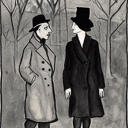 Prompt: A thin man in a black coat and bowler hat talks with girl who is dressed in a red coat and a red hat, Berlin park, autumn, 1923, in the style of Oskar Kokoschka, high detail, width 768