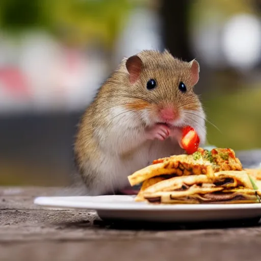 Image similar to detailed photo of a hamster eating a kebab, outdoors, various poses, full body, daylight, 8 k