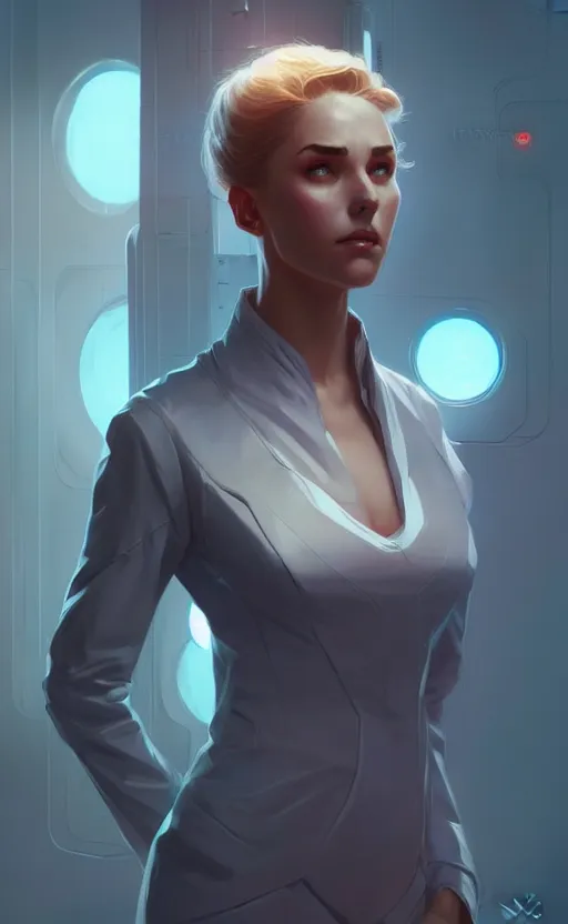 Image similar to Female in office dress, sci-fi, highly detailed, digital painting, artstation, concept art, smooth, sharp focus, illustration, art by artgerm and greg rutkowski and alphonse mucha