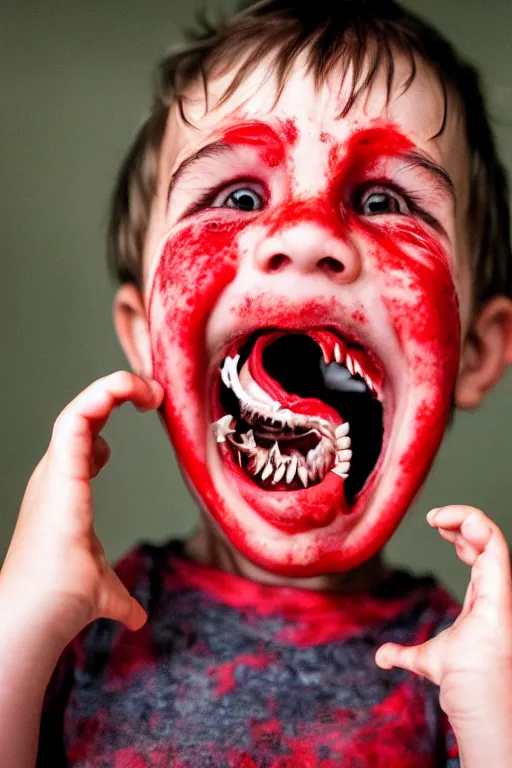 Image similar to A child full of teeth sprouting randomly all over his body except in his rotting mouth, within a room with 3 red windows