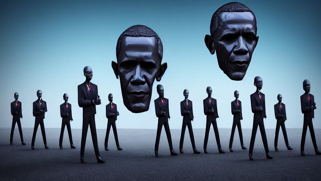 Image similar to vampire Obama clones carrying an Obama god head ; render by Beeple, 4K