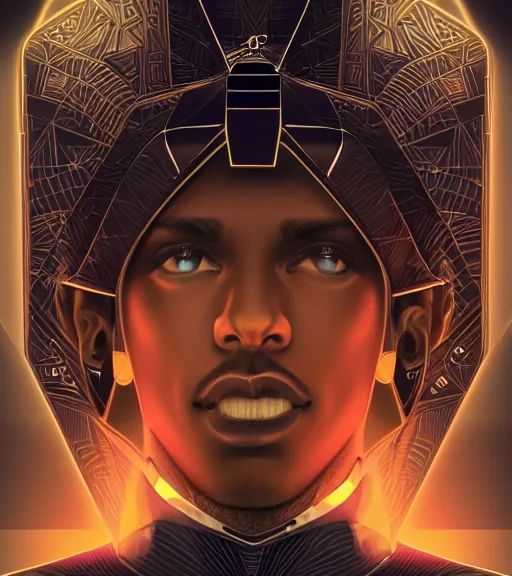 Image similar to symmetry!! egyptian prince of technology, solid cube of light, hard edges, product render retro - futuristic poster scifi, lasers and neon circuits, brown skin man egyptian prince, intricate, elegant, highly detailed, digital painting, artstation, concept art, smooth, sharp focus, illustration, dreamlike, art by artgerm