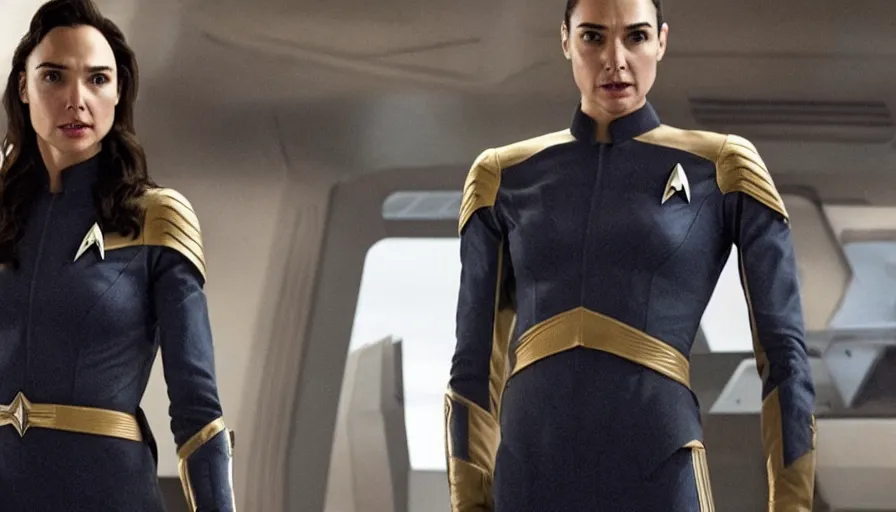 Image similar to Gal Gadot, in full starfleet uniform, is the captain of the starship Enterprise in the new Star Trek movie