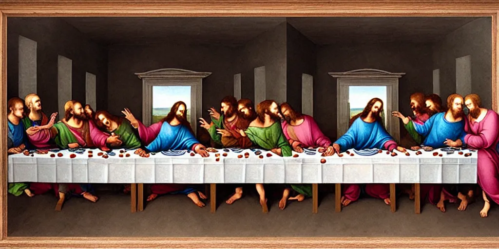 Image similar to the last supper by michelangelo, zombie, undead
