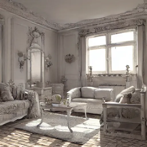 Prompt: a detalied 3 d render of a shabby chic living room, by valentin franke, ilya galinsky trending of artstation, photorealism