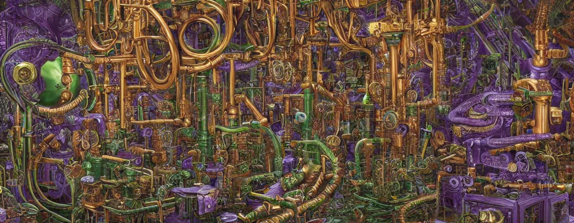 Prompt: a super high resolution film still of densely packed machine apparatus for making snake oil, huge copper machine with fine purple and green intricate pipework, art by jacek yerka, and ed roth, directed by denis villeneuve, cinematography by robby muller, fine detail, kodachrome 8 k, snake machine, cinematic lighting