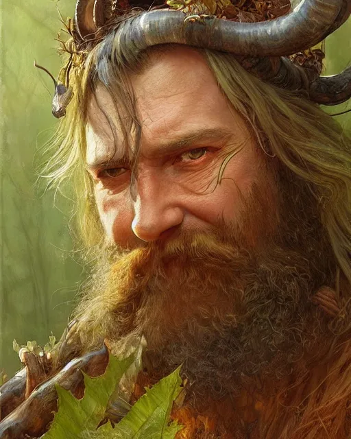 Prompt: forest druid with ram horns and leaves in his beard | highly detailed | very intricate | symmetrical | cinematic lighting | award - winning | closeup portrait | painted by donato giancola and mandy jurgens and brian froud | featured on artstation
