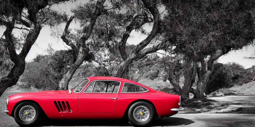 Image similar to photograph, 1958 FERRARI 250 GT, by Peter Singhof, press release, cinematic, Pacific Coast Highway, 8k, depth of field, bokeh.