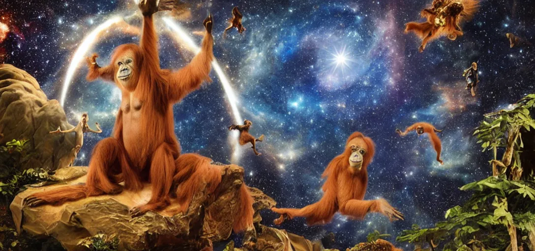 Prompt: Large diorama, celestial Beata Ludovica Albertoni, galaxy background, with an orangutan floating by in a heroic pose